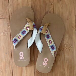 SO Tan Flip Flop Sandals with Multicolor Crochet Straps